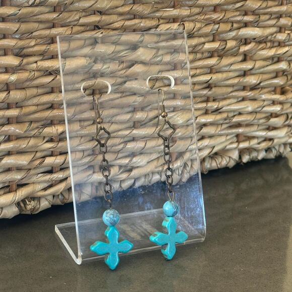 Vintage Turquoise Cross Dangle Earrings - Picture 2 of 2